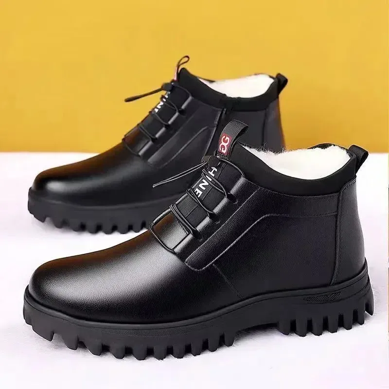 Men's Winter Leather Boots – Plush Warm Anti-Slip Casual Snow Boots, Stylish Outdoor Business Cotton Shoes