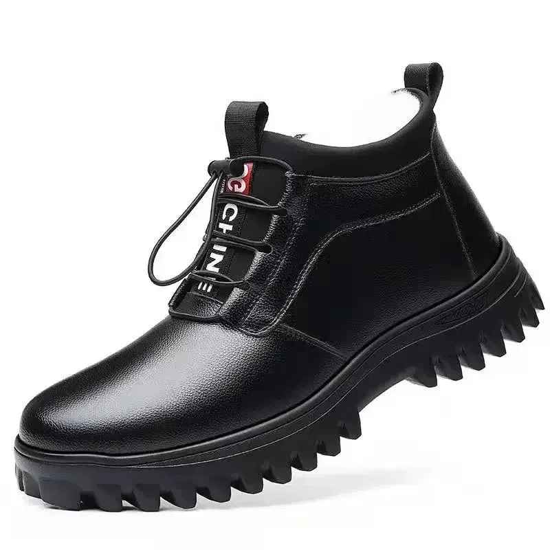 Men's Winter Leather Boots – Plush Warm Anti-Slip Casual Snow Boots, Stylish Outdoor Business Cotton Shoes