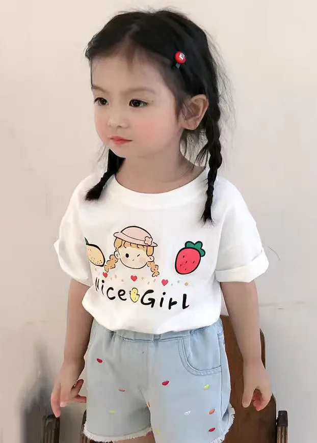 New Pink O Neck Print Cozy Cotton Girls T Shirts Summer YU1057