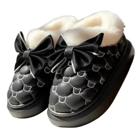 New Women's Cute Plush Bow Ankle Boots - Waterproof Winter Short Barrel Snow Shoes with Cotton Insulation