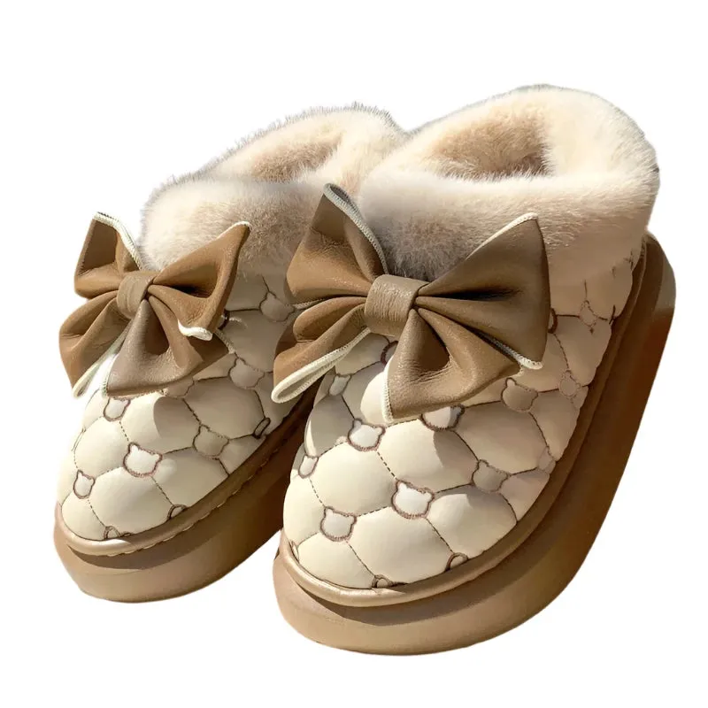 New Women's Cute Plush Bow Ankle Boots - Waterproof Winter Short Barrel Snow Shoes with Cotton Insulation