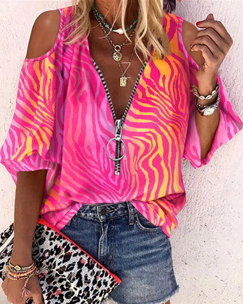 Ombre Zebra Stripe Print Cold Shoulder Top