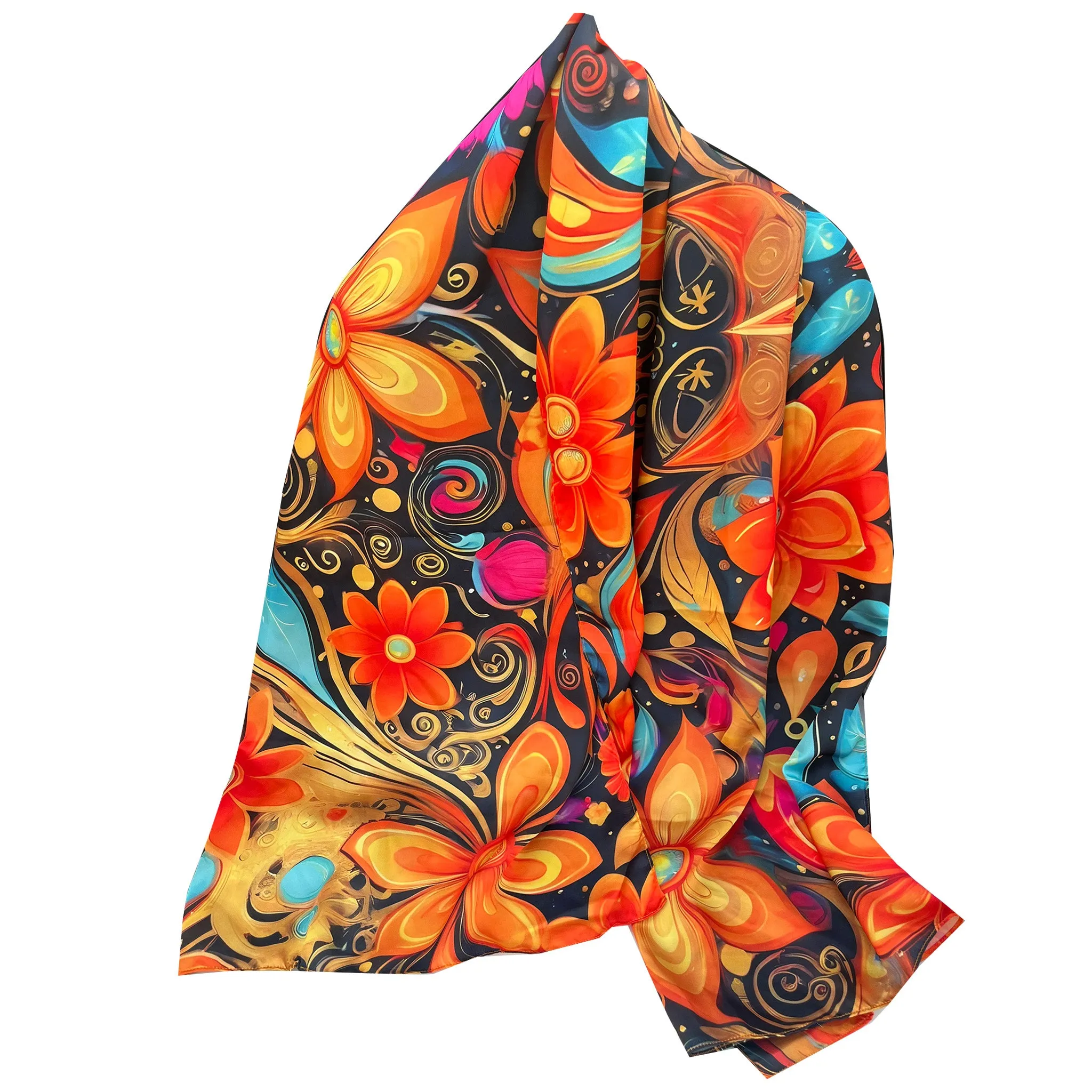 PREMIUM LUXURY PRINTED WOMEN HIJAB SCARF DUPATTA -  ORANGE BLACK FLORAL
