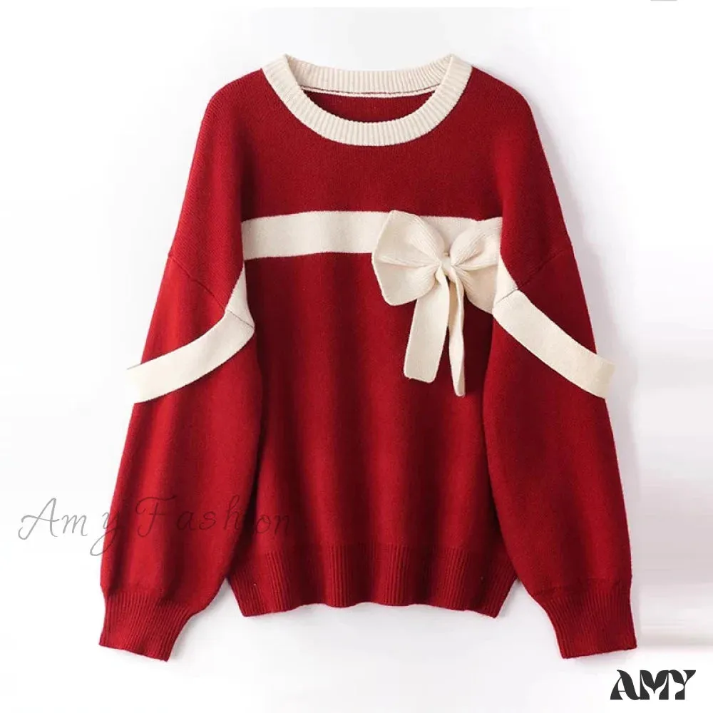 Red Bow Winter Patchwork Soft Long Sleeve Christmas Sweater