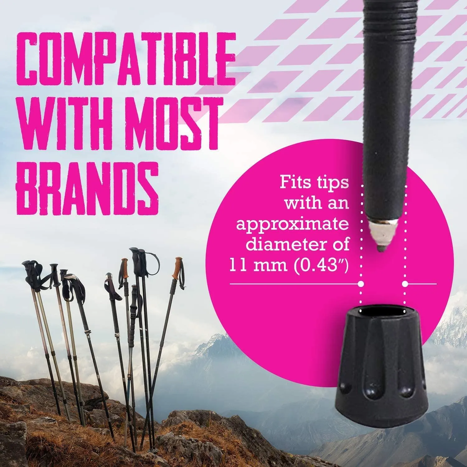 Trail Buddy Walking Stick Tips - Pack of 6 Replacement Rubber Cane Tips Fit Most Trekking & Hiking Poles w/ Shock Absorption, Grip & Traction Protectors - 11mm Diameter