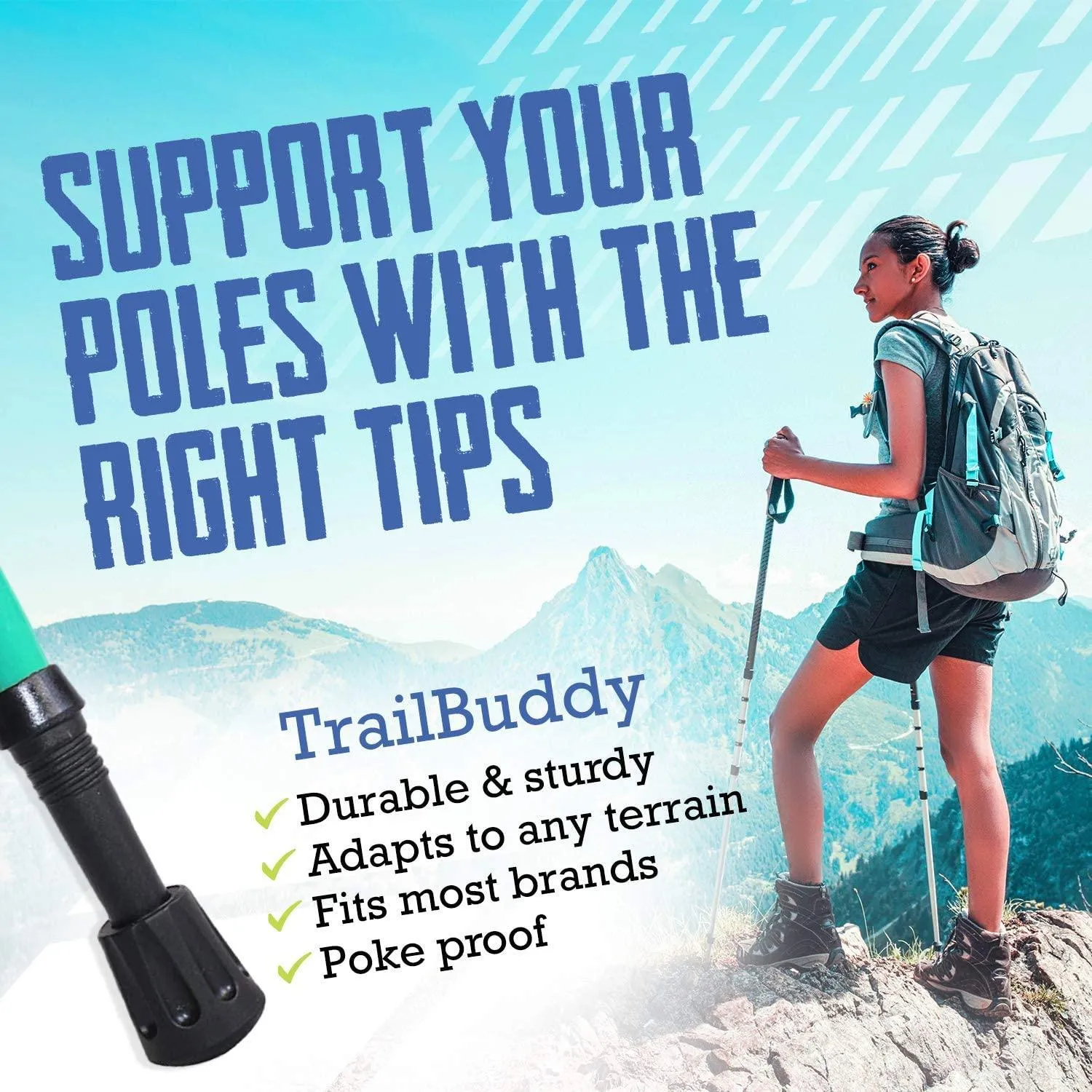 Trail Buddy Walking Stick Tips - Pack of 6 Replacement Rubber Cane Tips Fit Most Trekking & Hiking Poles w/ Shock Absorption, Grip & Traction Protectors - 11mm Diameter