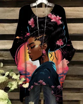 Vintage Floral Chic Portrait Print Casual Blouses