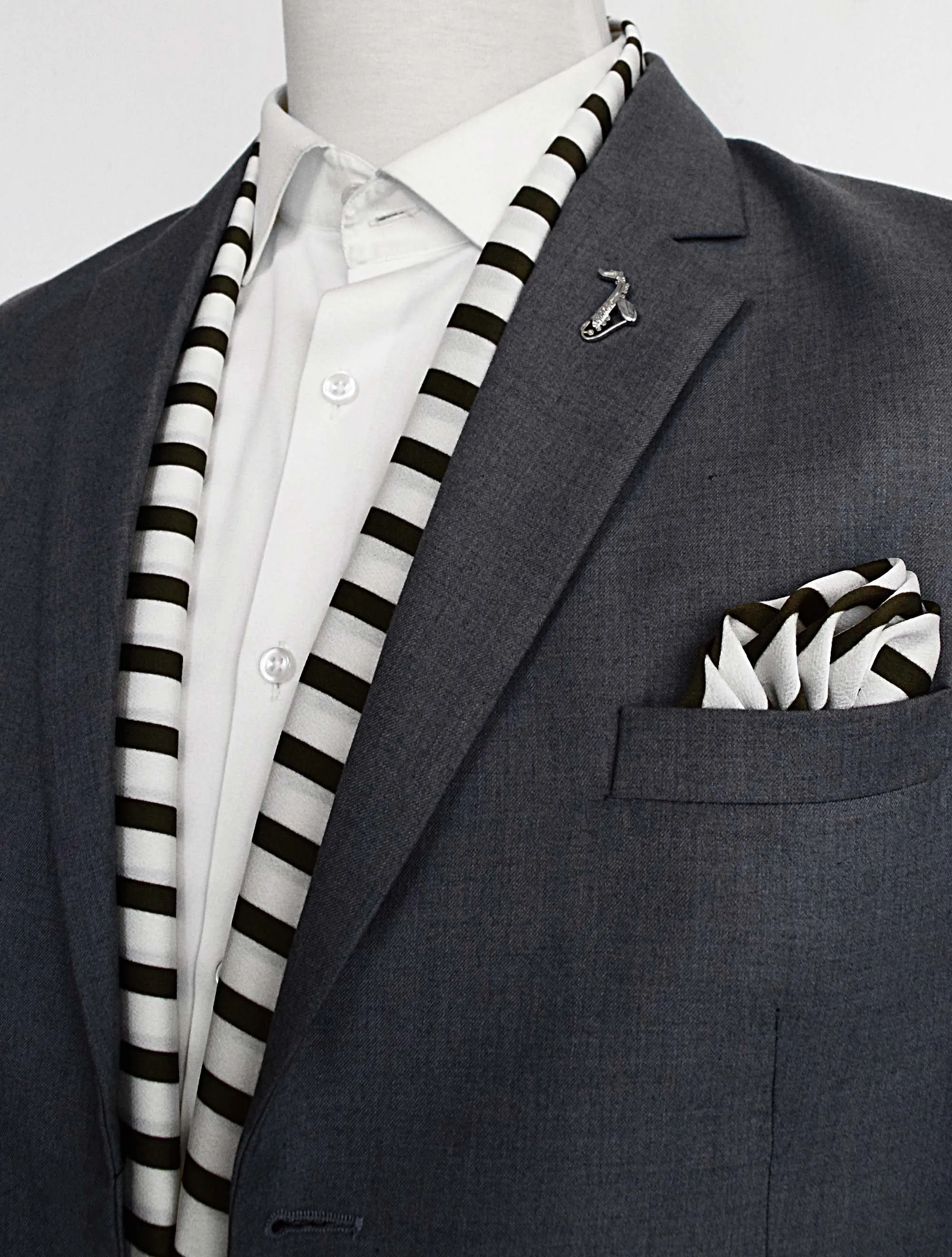 White & Green Stripes Silk Scarf Set