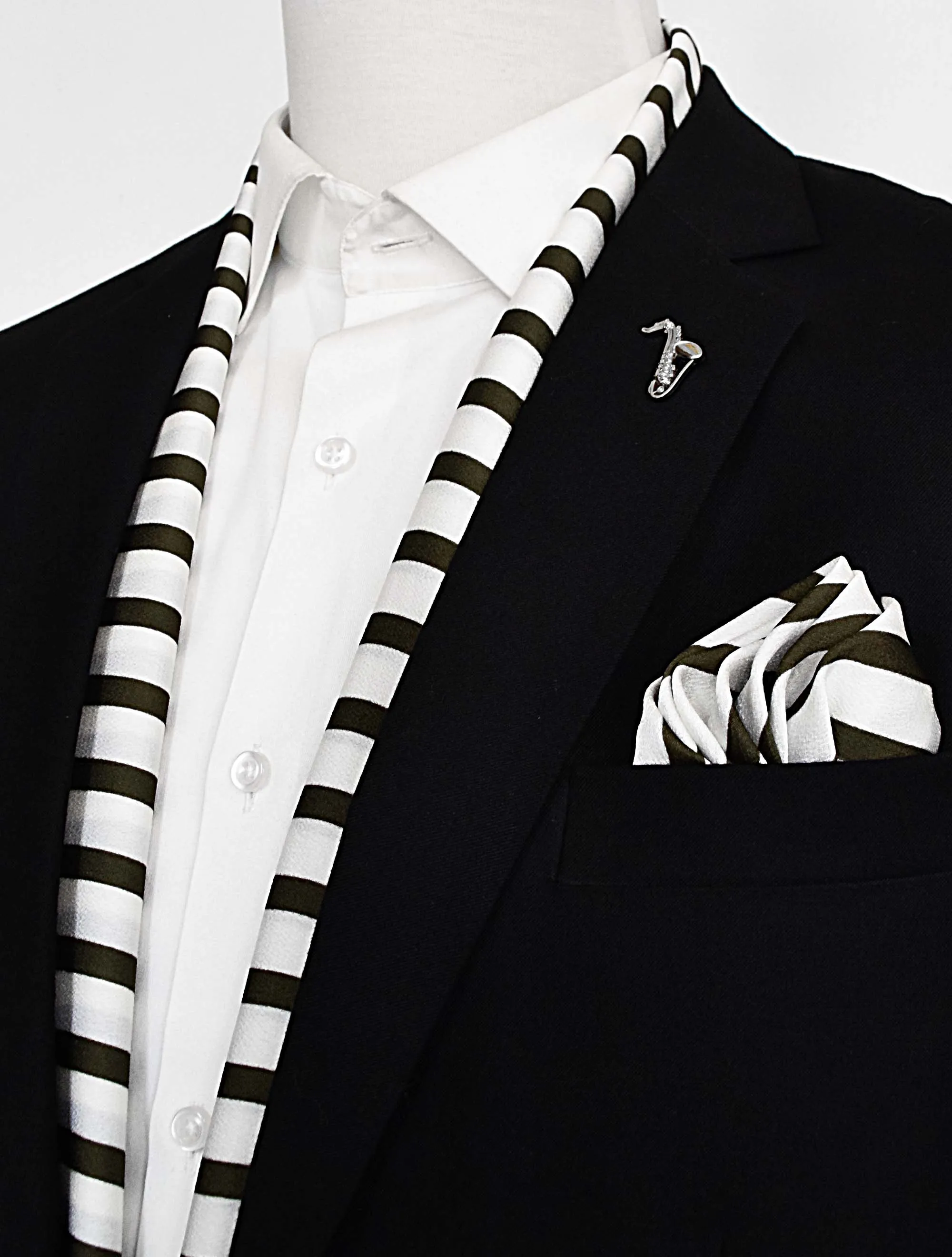 White & Green Stripes Silk Scarf Set