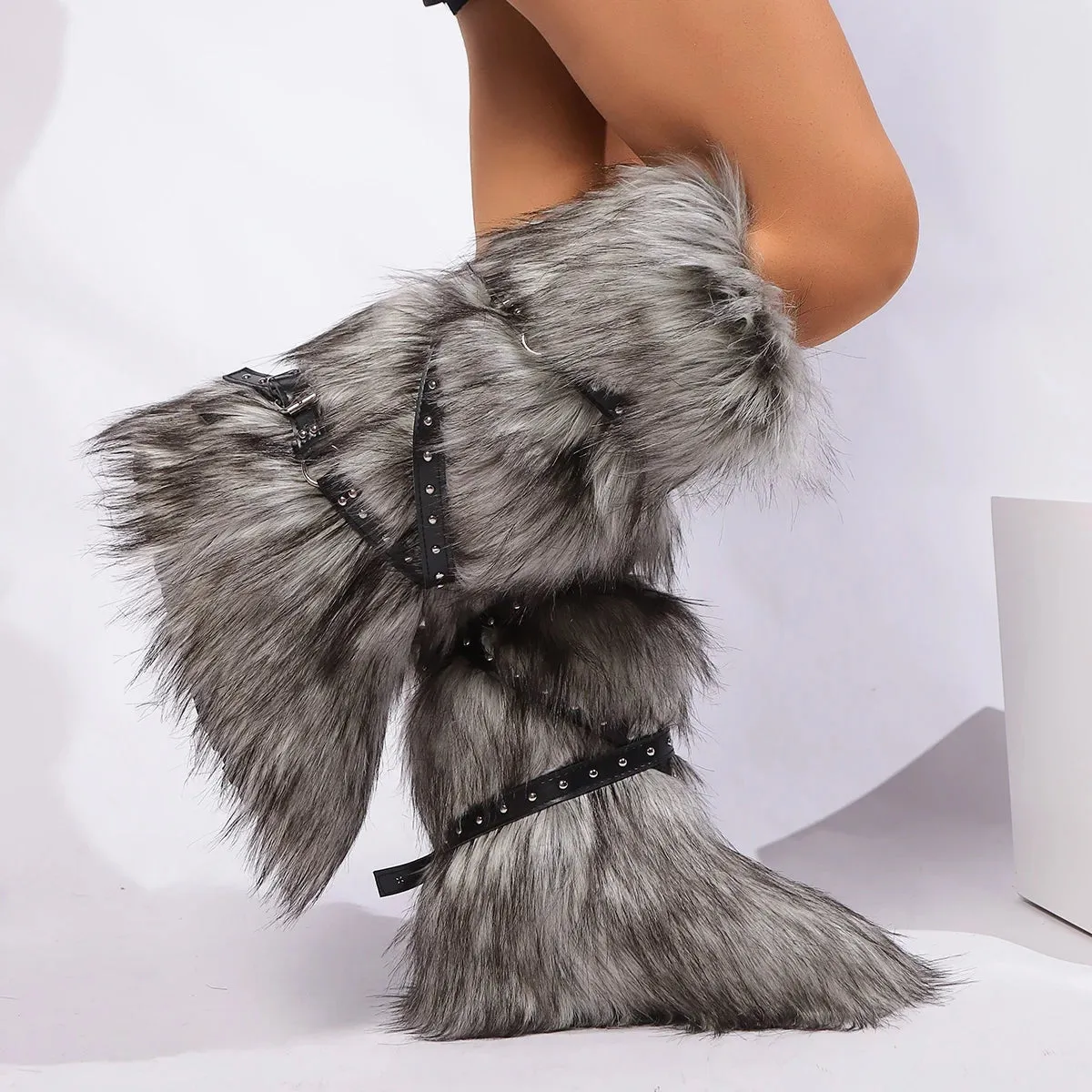 Women’s Winter Raccoon Fur Snow Boots - Y2K Cool Pink Mid-Leg Outdoor Fur Shoes, Stylish One-Piece Design