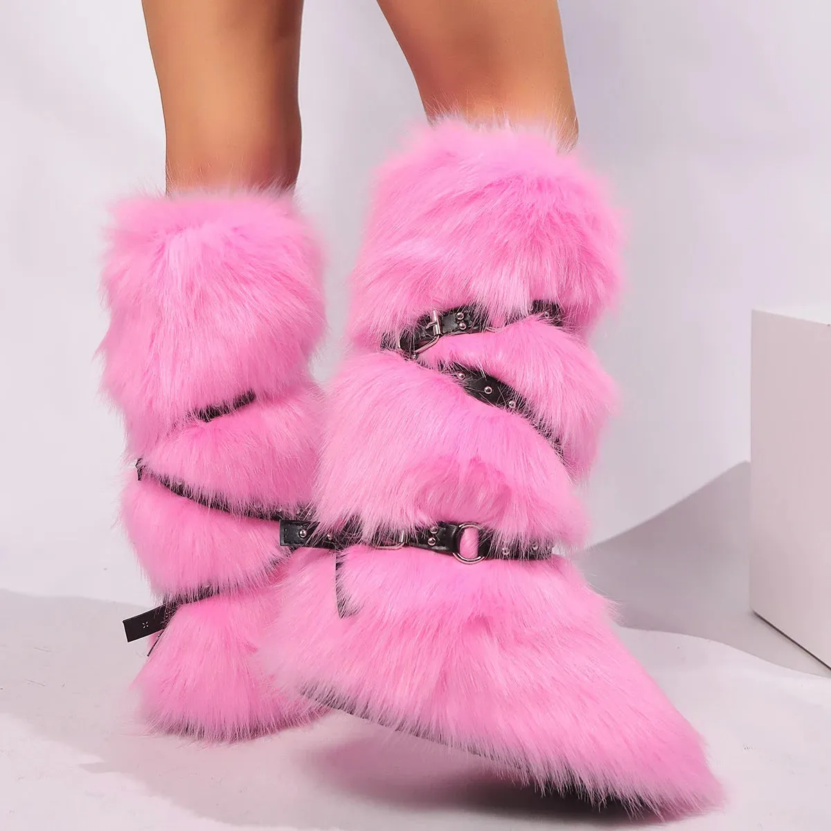Women’s Winter Raccoon Fur Snow Boots - Y2K Cool Pink Mid-Leg Outdoor Fur Shoes, Stylish One-Piece Design