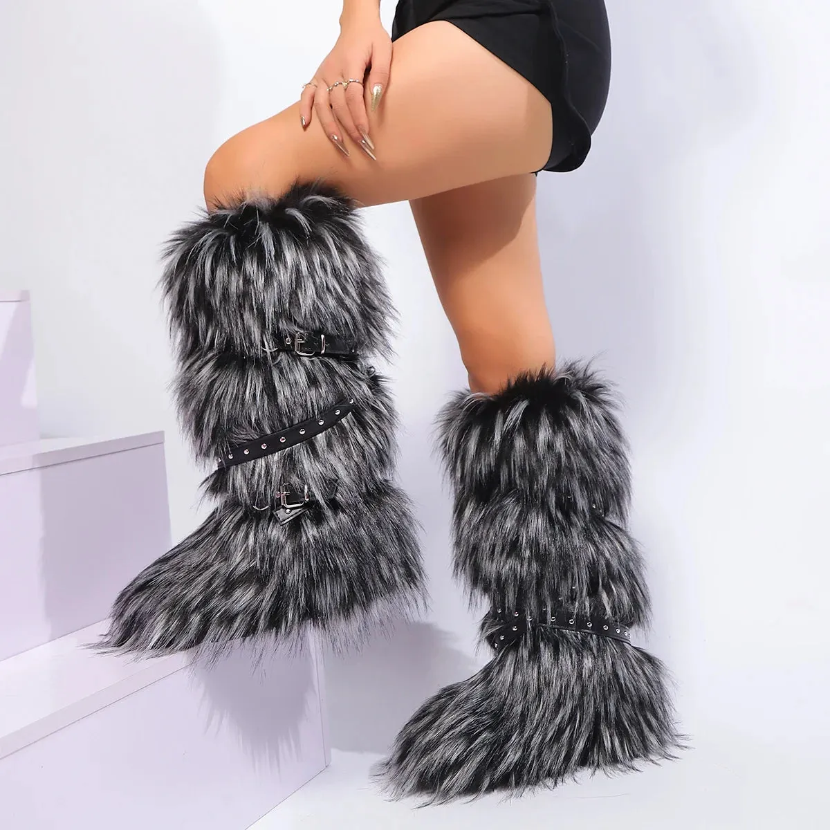 Women’s Winter Raccoon Fur Snow Boots - Y2K Cool Pink Mid-Leg Outdoor Fur Shoes, Stylish One-Piece Design