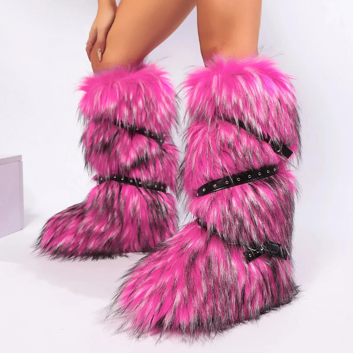 Women’s Winter Raccoon Fur Snow Boots - Y2K Cool Pink Mid-Leg Outdoor Fur Shoes, Stylish One-Piece Design