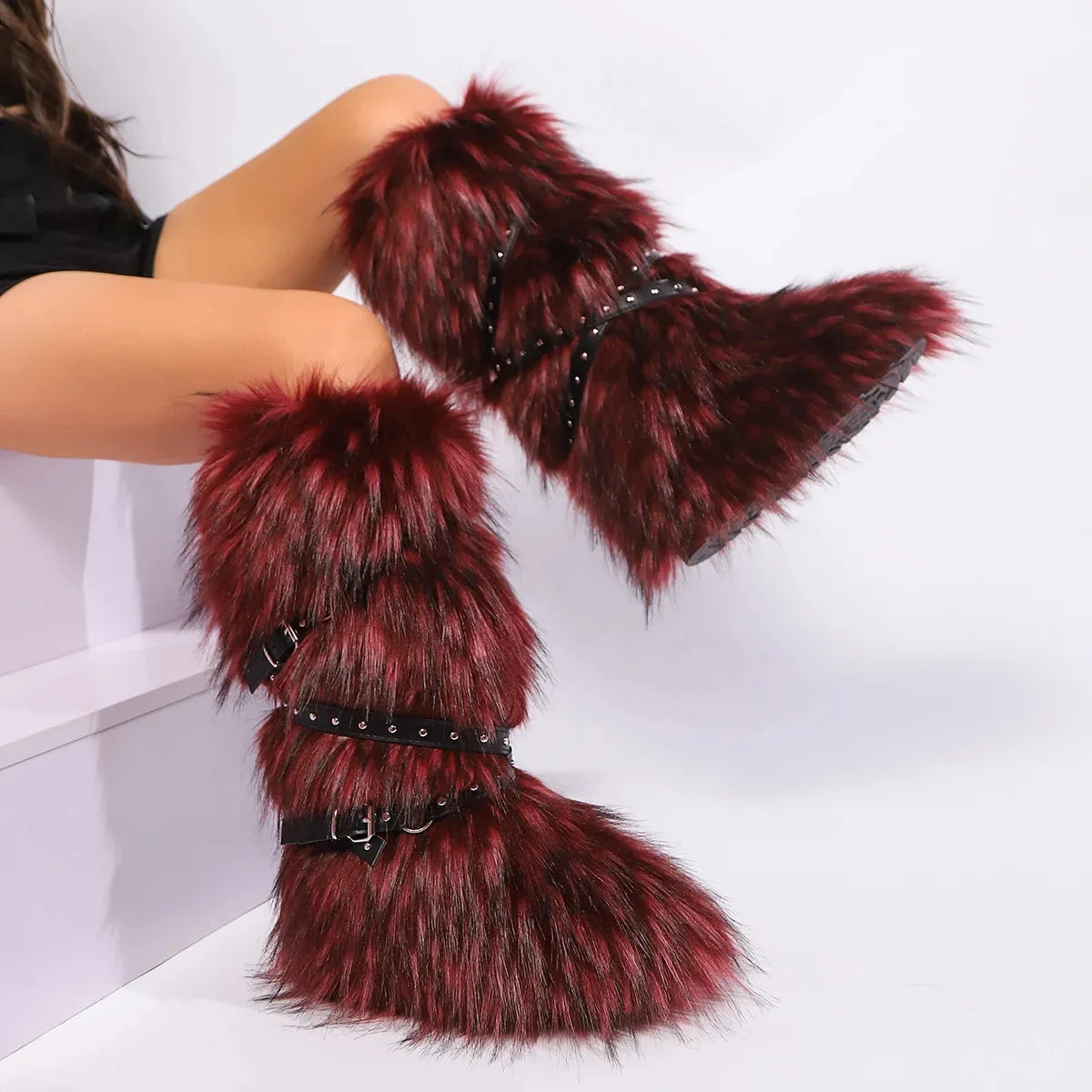 Women’s Winter Raccoon Fur Snow Boots - Y2K Cool Pink Mid-Leg Outdoor Fur Shoes, Stylish One-Piece Design