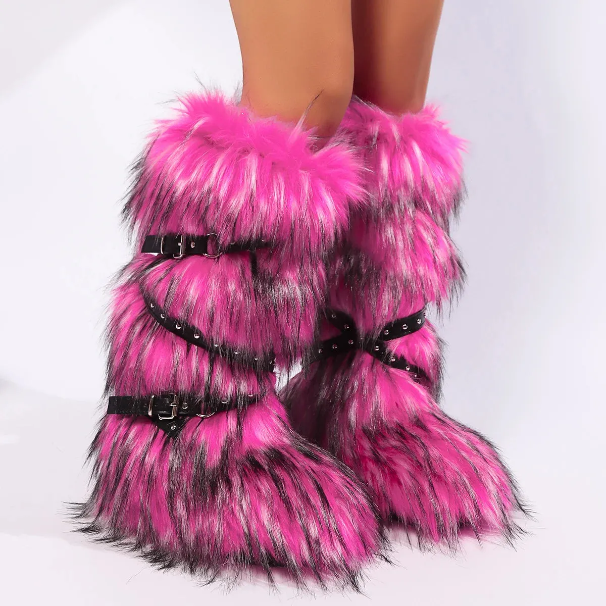 Women’s Winter Raccoon Fur Snow Boots - Y2K Cool Pink Mid-Leg Outdoor Fur Shoes, Stylish One-Piece Design