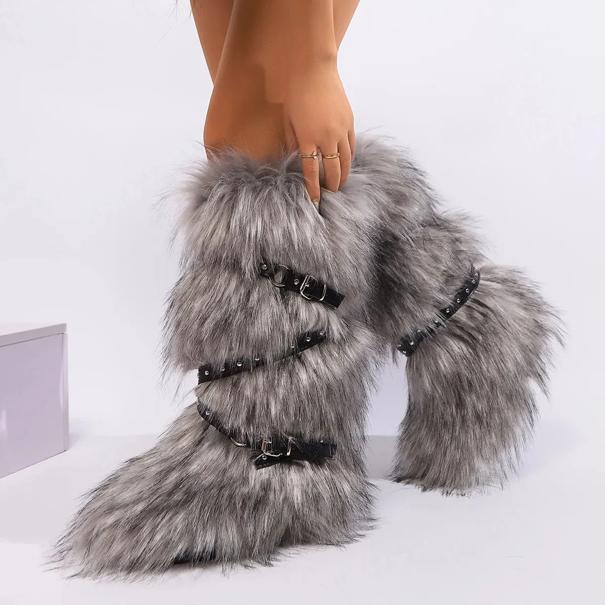 Women’s Winter Raccoon Fur Snow Boots - Y2K Cool Pink Mid-Leg Outdoor Fur Shoes, Stylish One-Piece Design